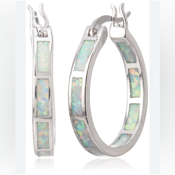 Jewelry - New Sterling Silver Iridescent Opal Hoop Earrings 925
